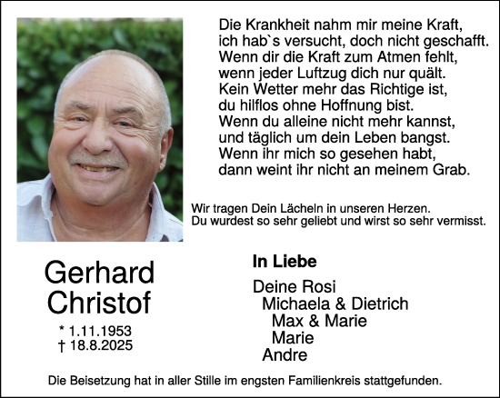 Traueranzeige von Gerhard Christof von NNA