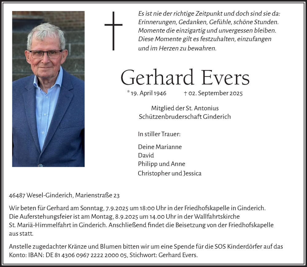  Traueranzeige für Gerhard Evers vom 05.09.2025 aus NNA