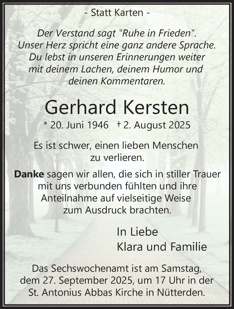  Traueranzeige für Gerhard Kersten vom 20.09.2025 aus NNA