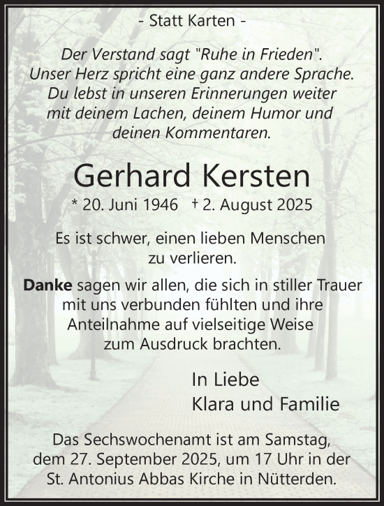 Traueranzeige von Gerhard Kersten von NNA