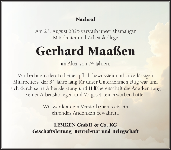 Traueranzeige von Gerhard Maaßen von NNA