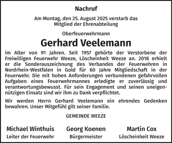Traueranzeige von Gerhard Veelemann von NNA