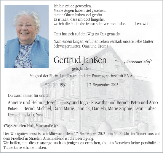 Traueranzeige von Gertrud Janßen von NNA