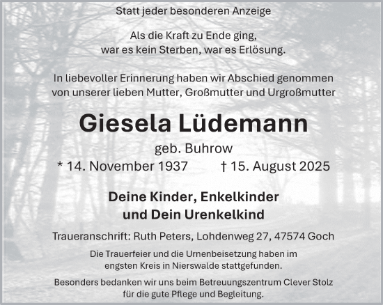 Traueranzeige von Giesela Lüdemann von NNA