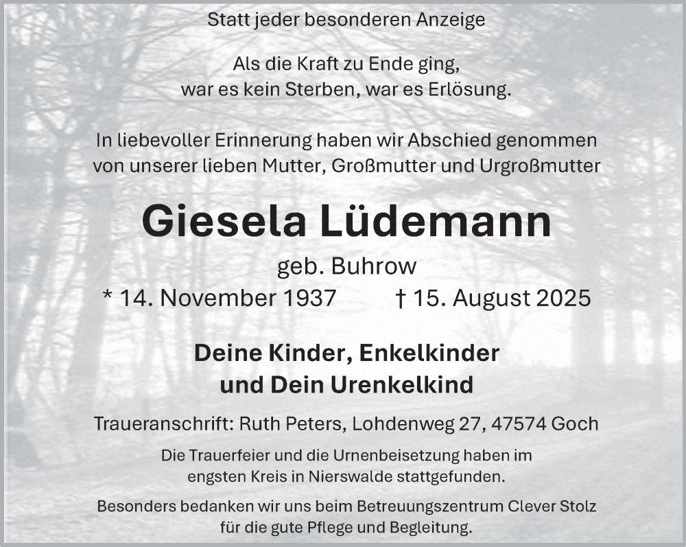  Traueranzeige für Giesela Lüdemann vom 05.09.2025 aus NNA
