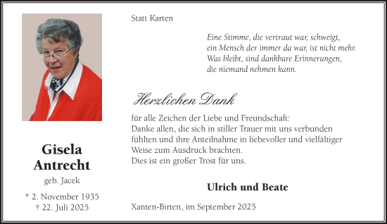 Traueranzeige von Gisela Antrecht von NNA
