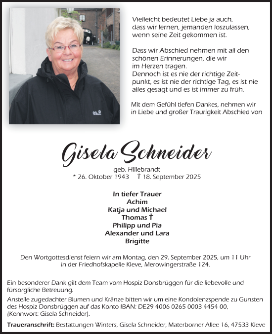 Traueranzeige von Gisela Schneider von NNA