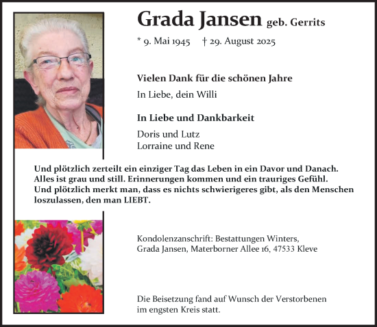 Traueranzeige von Grada Jansen von NNA