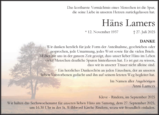 Traueranzeige von Häns Lamers von NNA