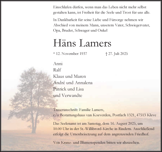Traueranzeige von Häns Lamers von NNA