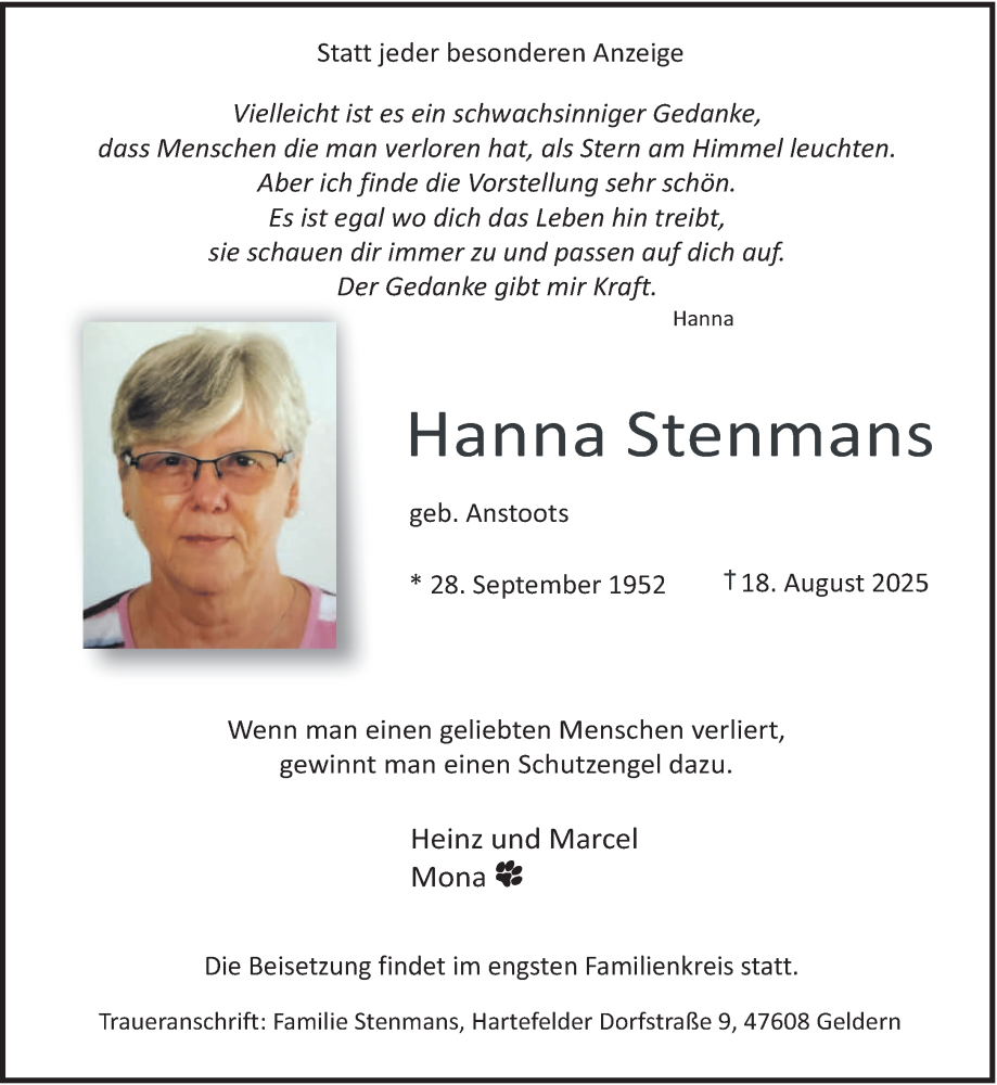  Traueranzeige für Hanna Stenmans vom 23.08.2025 aus NNA