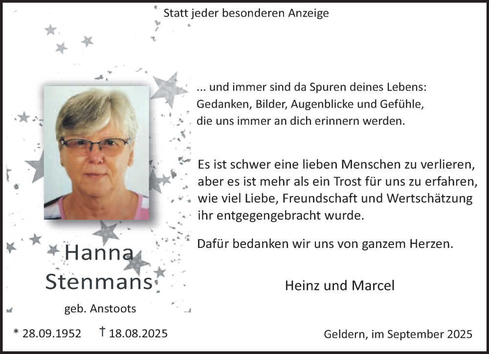  Traueranzeige für Hanna Stenmans vom 27.09.2025 aus NNA
