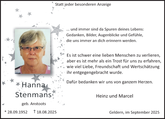 Traueranzeige von Hanna Stenmans von NNA