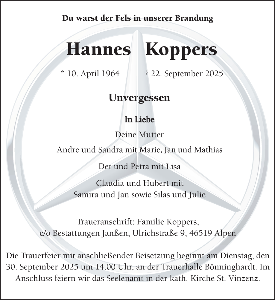  Traueranzeige für Hannes Koppers vom 27.09.2025 aus NNA