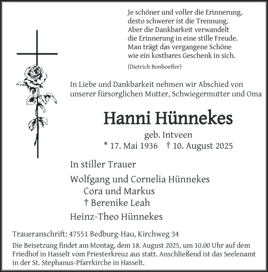 Traueranzeige von Hanni Hünnekes von NNA