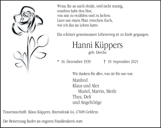 Traueranzeige von Hanni Küppers von NNA