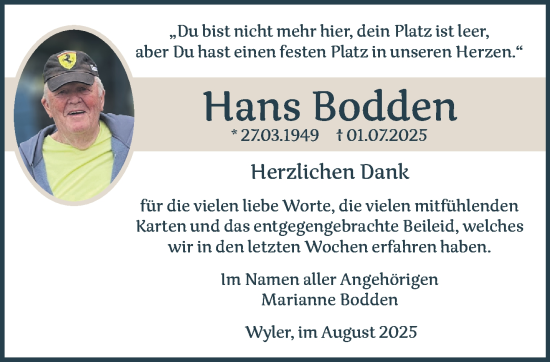 Traueranzeige von Hans Bodden von NNA