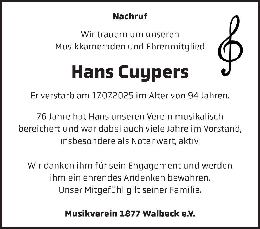  Traueranzeige für Hans Cuypers vom 16.08.2025 aus NNA