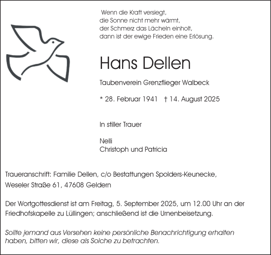 Traueranzeige von Hans Dellen von NNA