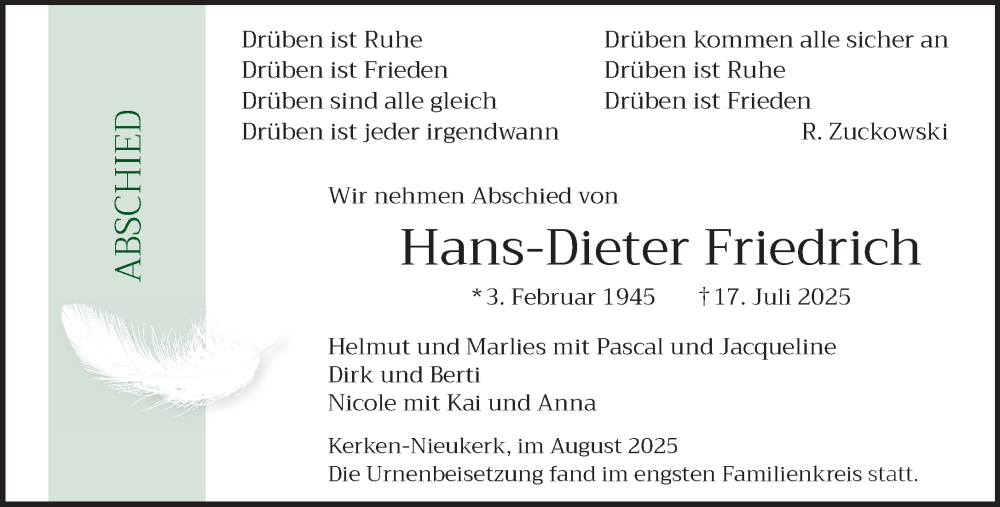  Traueranzeige für Hans-Dieter Friedrich vom 23.08.2025 aus NNA