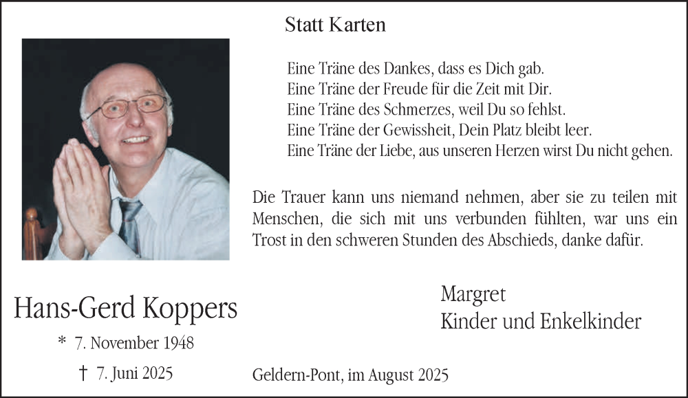  Traueranzeige für Hans-Gerd Koppers vom 09.08.2025 aus NNA