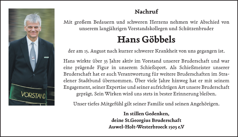  Traueranzeige für Hans Göbbels vom 23.08.2025 aus NNA