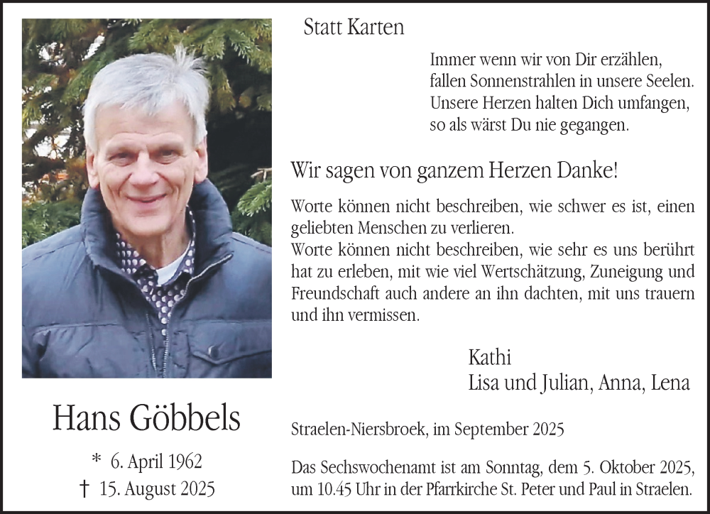  Traueranzeige für Hans Göbbels vom 27.09.2025 aus NNA