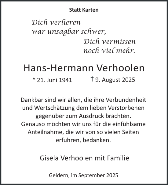 Traueranzeige von Hans-Hermann Verhoolen von NNA