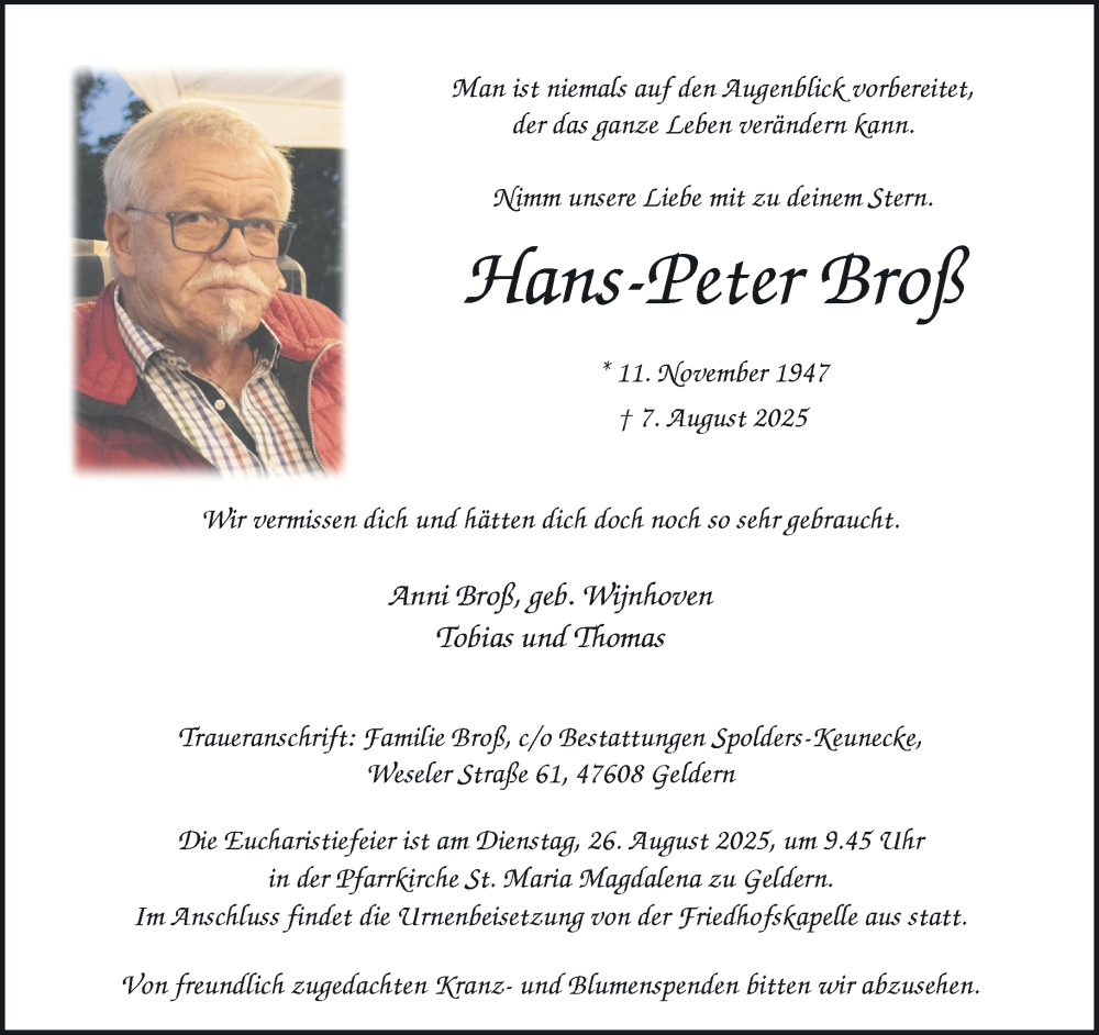  Traueranzeige für Hans-Peter Broß vom 16.08.2025 aus NNA