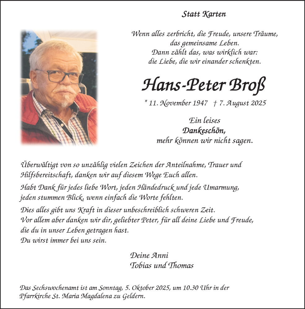  Traueranzeige für Hans-Peter Broß vom 27.09.2025 aus NNA