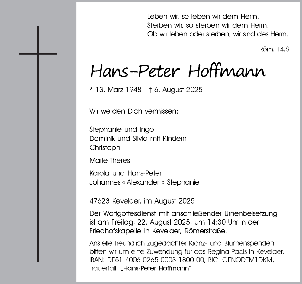  Traueranzeige für Hans-Peter Hoffmann vom 16.08.2025 aus NNA