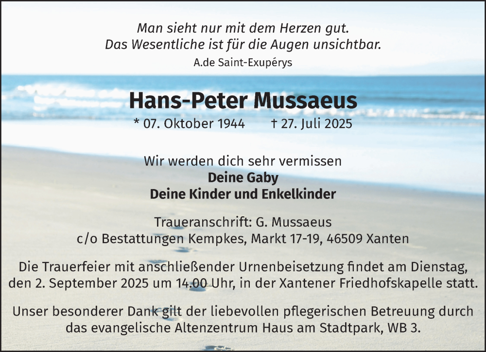  Traueranzeige für Hans-Peter Mussaeus vom 23.08.2025 aus NNA