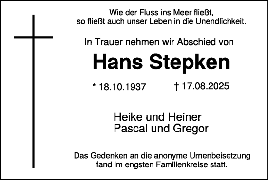 Traueranzeige von Hans Stepken von NNA