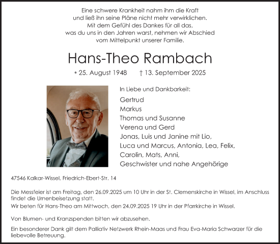 Traueranzeige von Hans-Theo Rambach von NNA