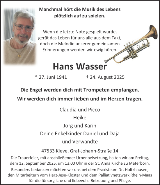 Traueranzeige von Hans Wasser von NNA