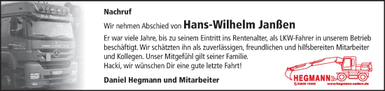Traueranzeige von Hans-Wilhelm Janßen von NNA