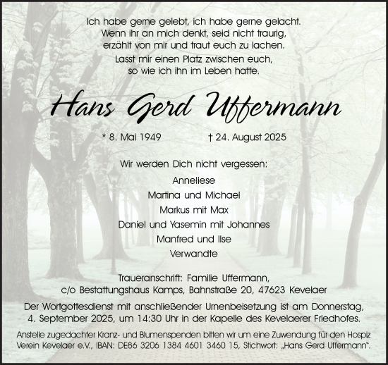 Traueranzeige von Hans Gerd Uffermann von NNA