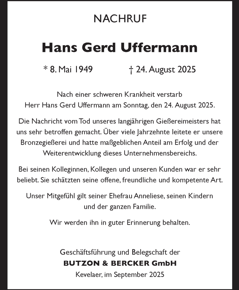  Traueranzeige für Hans Gerd Uffermann vom 13.09.2025 aus NNA