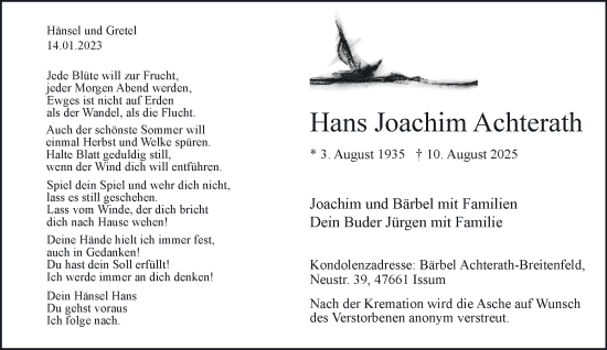 Traueranzeige von Hans Joachim Achterath von NNA