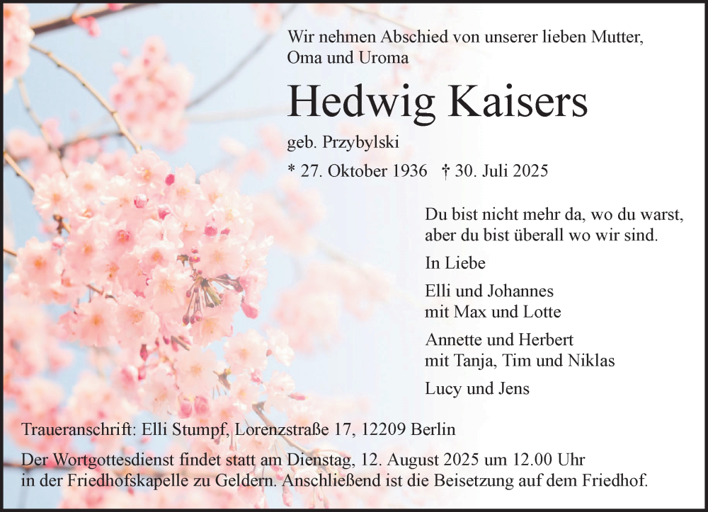  Traueranzeige für Hedwig Kaisers vom 09.08.2025 aus NNA