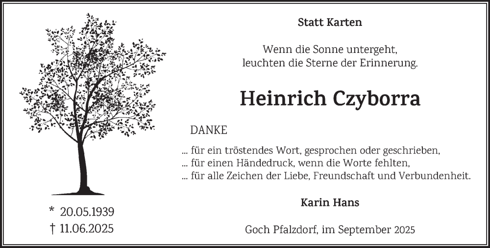  Traueranzeige für Heinrich Czyborra vom 05.09.2025 aus NNA