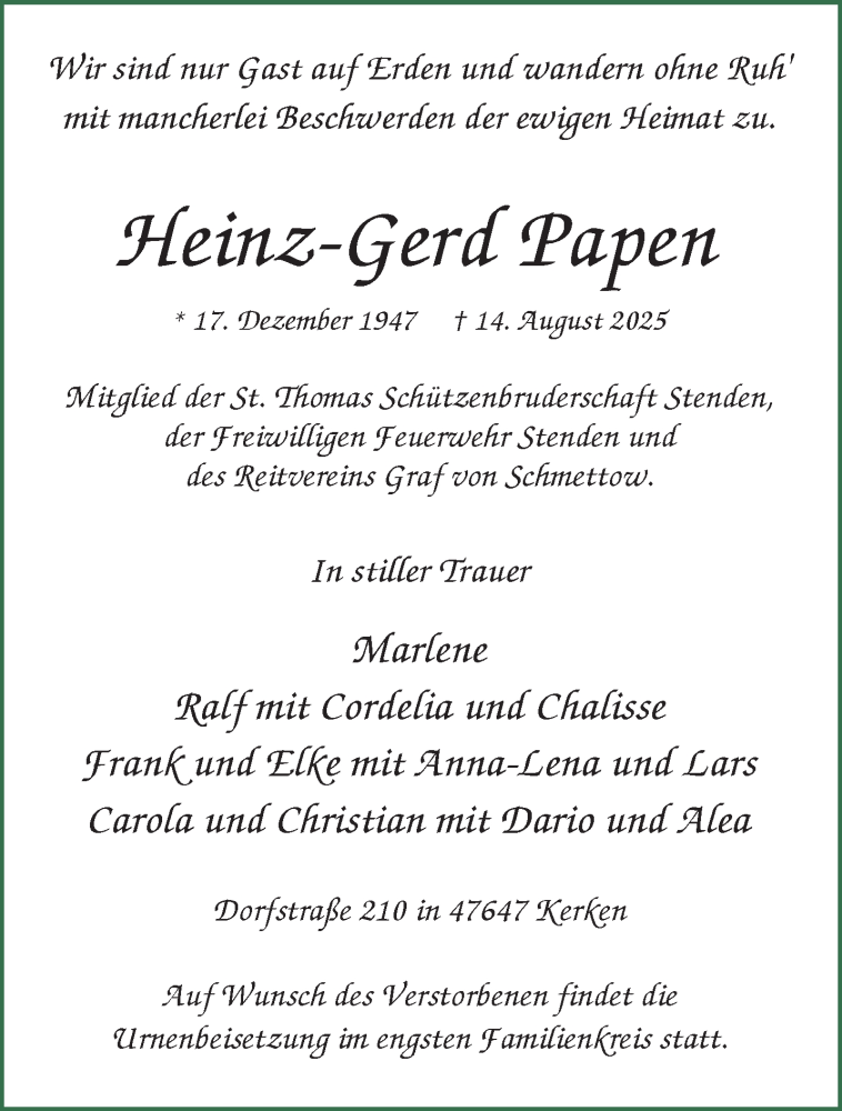  Traueranzeige für Heinz-Gerd Papen vom 23.08.2025 aus NNA