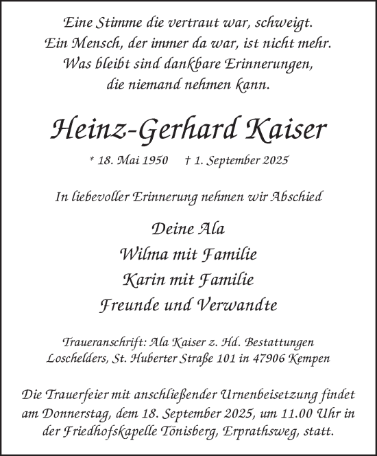 Traueranzeige von Heinz-Gerhard Kaiser von NNA