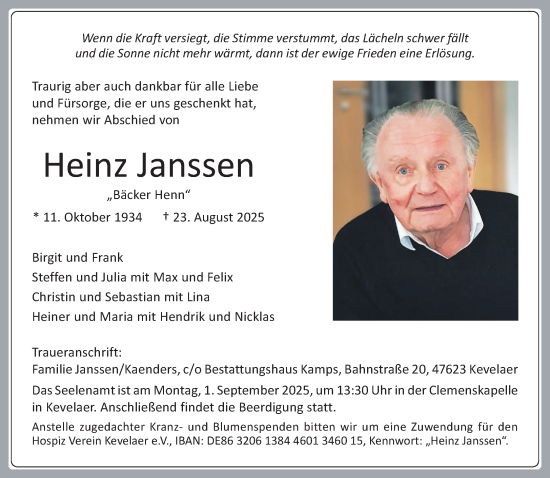 Traueranzeige von Heinz Janssen von NNA