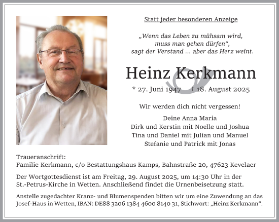 Traueranzeige von Heinz Kerkmann von NNA