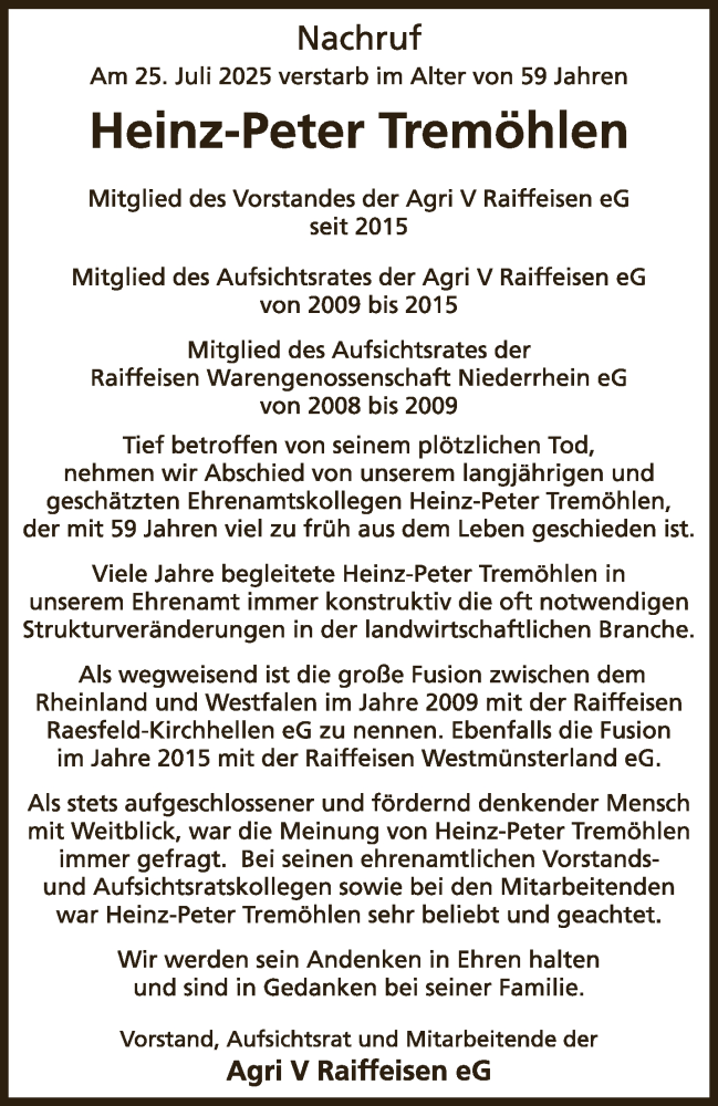  Traueranzeige für Heinz-Peter Tremöhlen vom 09.08.2025 aus NNA