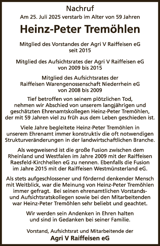 Traueranzeige von Heinz-Peter Tremöhlen von NNA