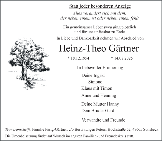 Traueranzeige von Heinz-Theo Gärtner von NNA