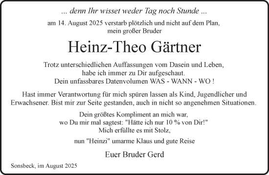 Traueranzeige von Heinz-Theo Gärtner von NNA