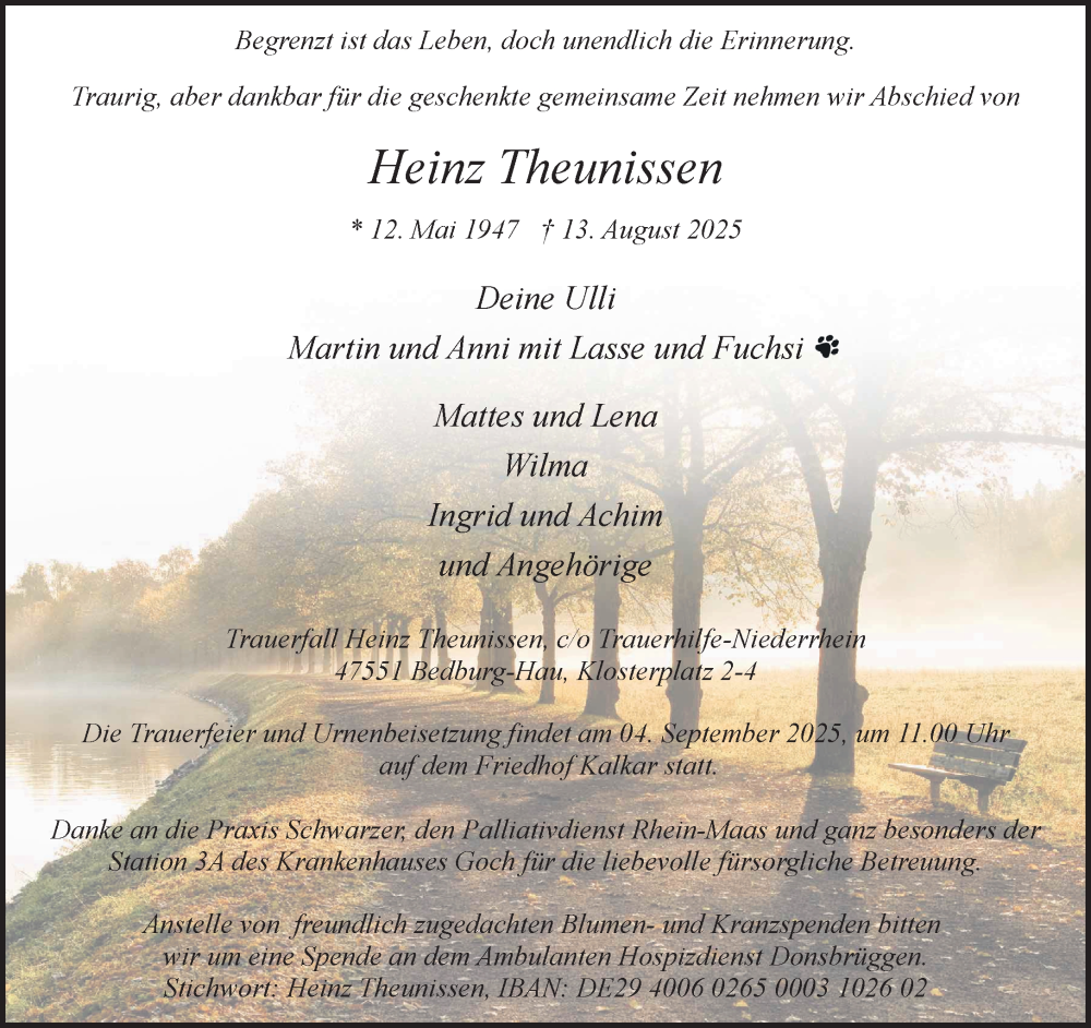  Traueranzeige für Heinz Theunissen vom 30.08.2025 aus NNA